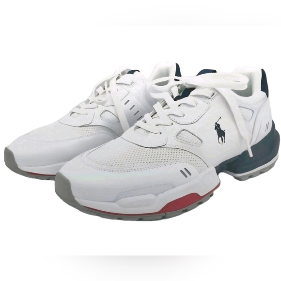 Polo Ralph Lauren Other - POLO RALPH LAUREN JOGGER LEATHER /MESH SNEAKERS WHITE/NAVY/RED MENS US SIZE 11
